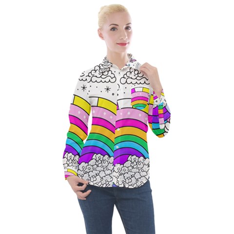 Rainbow Fun Cute Minimal Doodle Drawing Art Women s Long Sleeve Pocket Shirt by Ravend