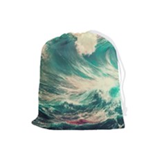 Storm Tsunami Waves Ocean Sea Nautical Nature Painting Drawstring Pouch (large) by Ravend