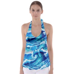 Tsunami Tidal Wave Ocean Waves Sea Nature Water Blue Painting Babydoll Tankini Top by Ravend