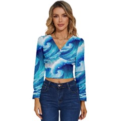 Tsunami Tidal Wave Ocean Waves Sea Nature Water Blue Painting Long Sleeve V-neck Top by Ravend