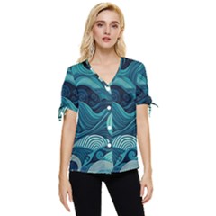 Waves Ocean Sea Abstract Whimsical Abstract Art Bow Sleeve Button Up Top by Ravend