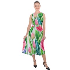 Cheerful And Captivating Watercolor Flowers Midi Tie-back Chiffon Dress by GardenOfOphir
