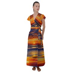 Nature s Sunset Over Beach Flutter Sleeve Maxi Dress by GardenOfOphir