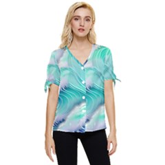 Stunning Pastel Blue Ocean Waves Bow Sleeve Button Up Top by GardenOfOphir