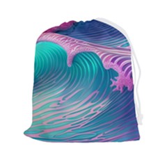 Pink Waves On The Beach Drawstring Pouch (2xl) by GardenOfOphir