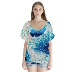 Abstract Blue Ocean Wave Ii V-neck Flutter Sleeve Top by GardenOfOphir
