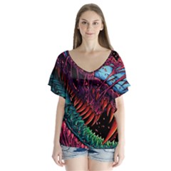 Floral Digital Art Tongue Out V-neck Flutter Sleeve Top by Jancukart