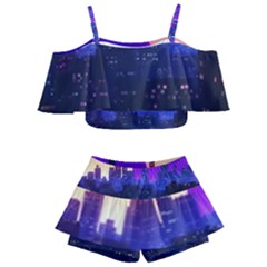 The Sun Night Music The City Background 80s 80 s Synth Kids  Off Shoulder Skirt Bikini by Jancukart