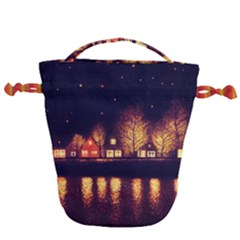 Night Houses River Bokeh Leaves Landscape Nature Drawstring Bucket Bag by Ravend