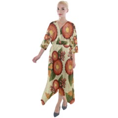 Flowers Leaves Pattern Flora Botany Drawing Art Quarter Sleeve Wrap Front Maxi Dress by Ravend