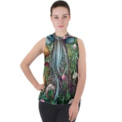 Craft Mushroom Mock Neck Chiffon Sleeveless Top by GardenOfOphir