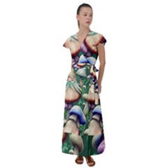 Natural Mushroom Fairy Garden Flutter Sleeve Maxi Dress by GardenOfOphir