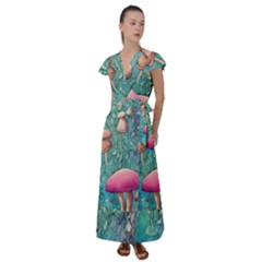 Natural Mushroom Design Fairycore Garden Flutter Sleeve Maxi Dress by GardenOfOphir