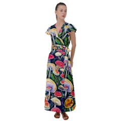 Woodsy Mushroom Design Foresty Flutter Sleeve Maxi Dress by GardenOfOphir