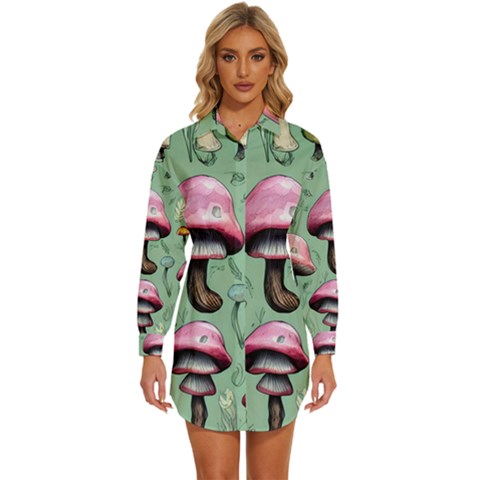 Boho Woods Mushroom Womens Long Sleeve Shirt Dress by GardenOfOphir