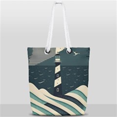 Lighthouse Abstract Ocean Sea Waves Water Blue Full Print Rope Handle Tote (small) by Pakemis