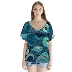 Waves Ocean Sea Abstract Whimsical Abstract Art V-neck Flutter Sleeve Top by Pakemis