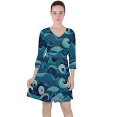 Waves Ocean Sea Abstract Whimsical Abstract Art Quarter Sleeve Ruffle Waist Dress by Pakemis