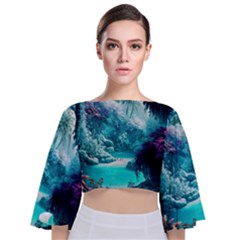 Landscape Nature Digital Art Palm Trees Paradise Tie Back Butterfly Sleeve Chiffon Top by Pakemis