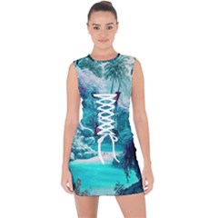 Landscape Nature Digital Art Palm Trees Paradise Lace Up Front Bodycon Dress by Pakemis