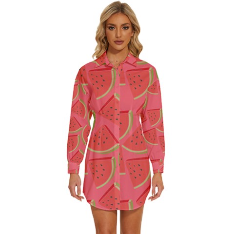 Watermelon Background Watermelon Wallpaper Womens Long Sleeve Shirt Dress by Wegoenart