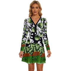 Watermelon Tree Abstraction On Watermelon Abundance Long Sleeve Deep V Mini Dress  by Wegoenart