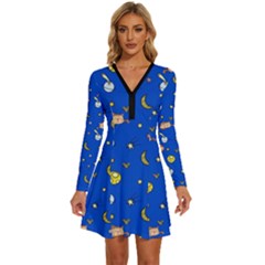 Cat Animals Sleep Stars Seamless Background Long Sleeve Deep V Mini Dress  by Wegoenart