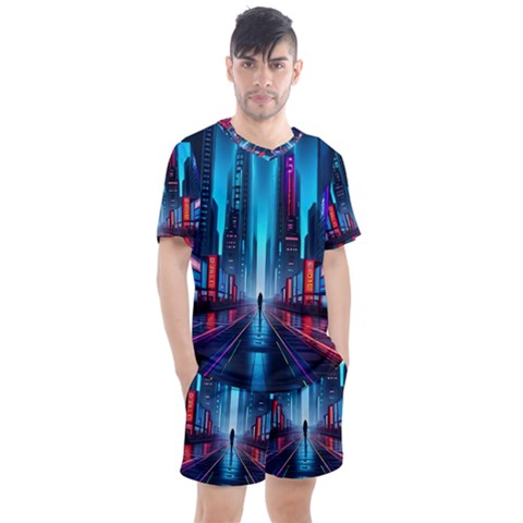 City People Cyberpunk Men s Mesh Tee And Shorts Set by Jancukart