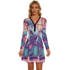 Fantasy Magic Magical Wizard Long Sleeve Deep V Mini Dress  by Jancukart