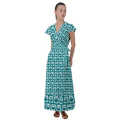 Teal And White Owl Pattern Flutter Sleeve Maxi Dress by GardenOfOphir