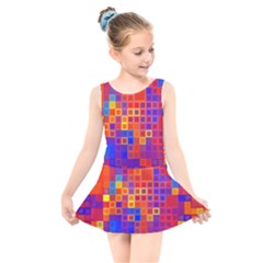 Squares Geometric Colorful Fluorescent Kids  Skater Dress Swimsuit by Jancukart