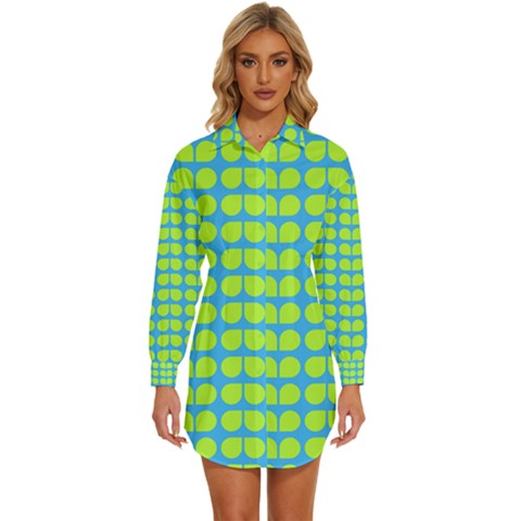 Blue Lime Leaf Pattern Womens Long Sleeve Shirt Dress by GardenOfOphir