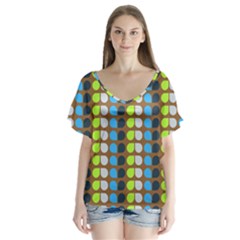 Colorful Leaf Pattern V-neck Flutter Sleeve Top by GardenOfOphir