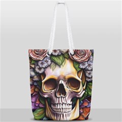 Death Skull Floral Full Print Rope Handle Tote (small) by GardenOfOphir