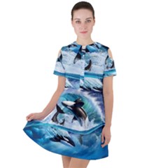 Orca Wave Water Underwater Sky Short Sleeve Shoulder Cut Out Dress  by Semog4