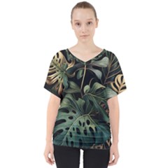 Tropical Leaves Leaf Foliage Monstera Nature Home V-neck Dolman Drape Top by Jancukart