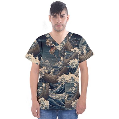 Sea Dragon Kanagawa Sea Monster Men s V-neck Scrub Top by Jancukart