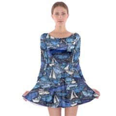 Boat Ship Background Pattern Long Sleeve Skater Dress by Ravend