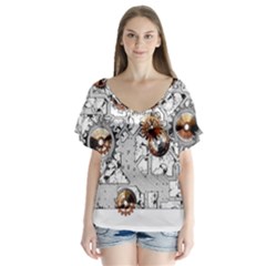Gears Movement Machine V-neck Flutter Sleeve Top by Semog4