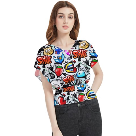Graffiti Art Cartoon Comic Butterfly Chiffon Blouse by Salman4z
