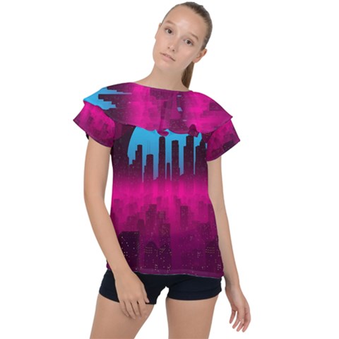 Futuristic Cityscape Ruffle Collar Chiffon Blouse by Salman4z