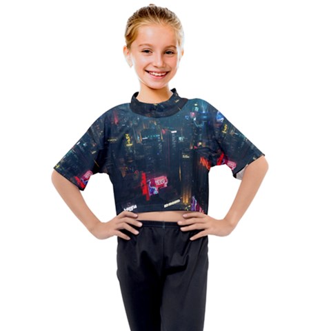 Cityscape Digital Art Kids Mock Neck Tee by Salman4z