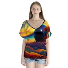 Surrealist Fantasy Dream Nature V-neck Flutter Sleeve Top by Jancukart
