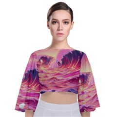 Waves Ocean Sea Tsunami Nautical 5 Tie Back Butterfly Sleeve Chiffon Top by Jancukart