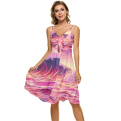 Waves Ocean Sea Tsunami Nautical 5 Sleeveless Tie Front Chiffon Dress by Jancukart
