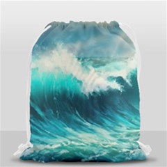 Waves Ocean Sea Tsunami Nautical Blue Drawstring Bag (small) by Jancukart