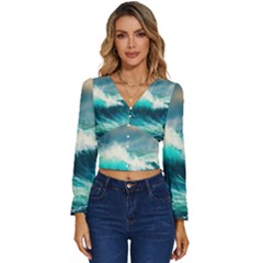 Waves Ocean Sea Tsunami Nautical Blue Long Sleeve V-neck Top by Jancukart