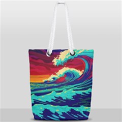 Tsunami Waves Ocean Sea Nautical Nature Water 9 Full Print Rope Handle Tote (small) by Jancukart