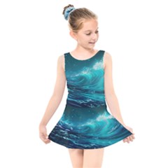 Tsunami Waves Ocean Sea Nautical Nature Water 7 Kids  Skater Dress Swimsuit by Jancukart