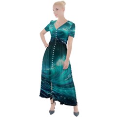 Tsunami Waves Ocean Sea Nautical Nature Water 7 Button Up Short Sleeve Maxi Dress by Jancukart